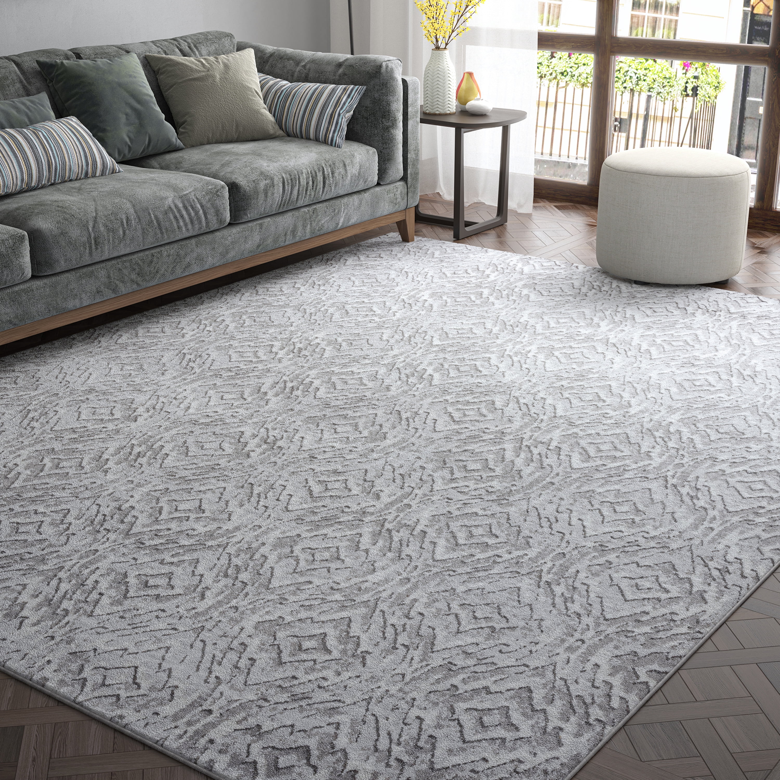 Contemporary 2x3 Area Rug (2' x 3') Geometric Silver, White Indoor Scatter Easy to Clean