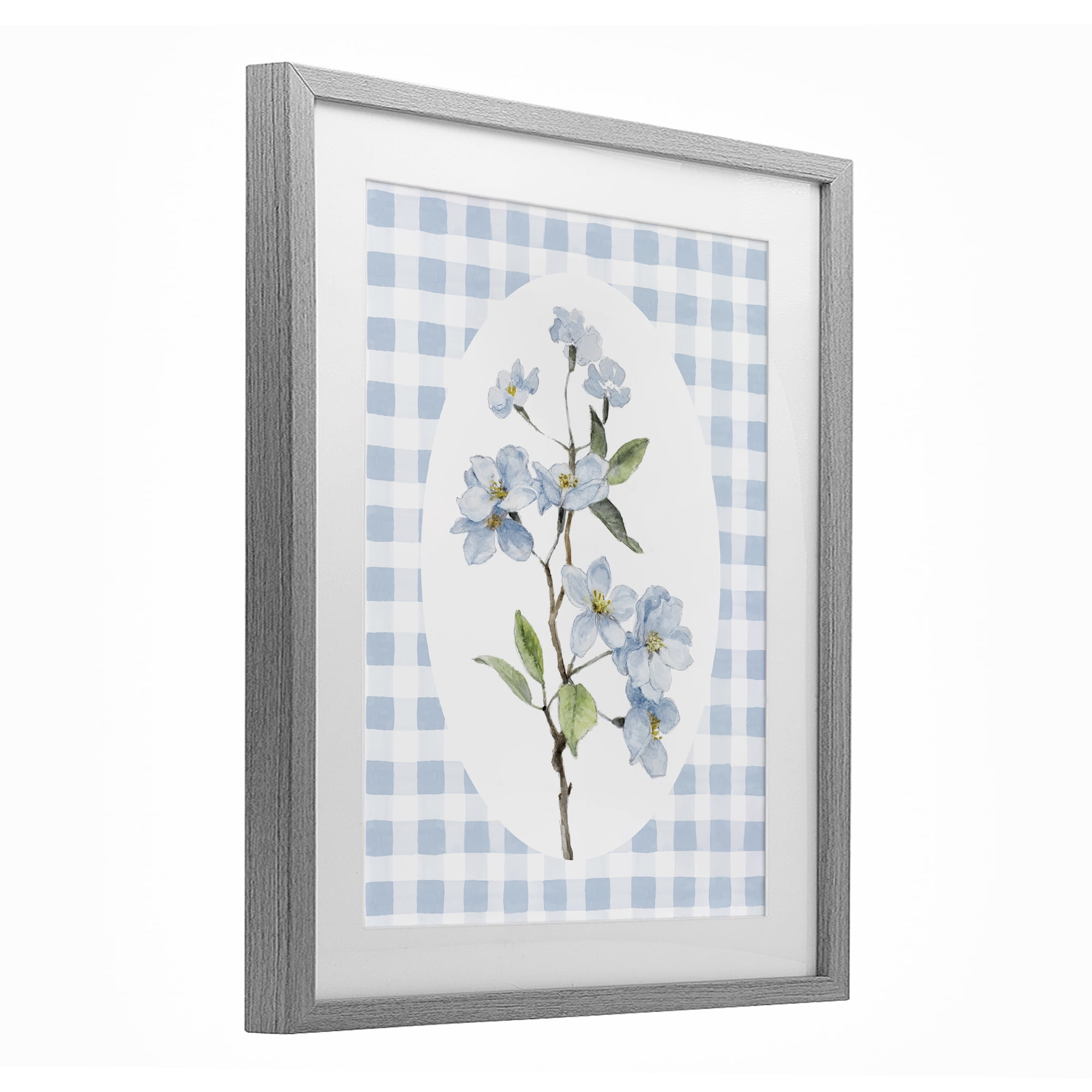 Stupell Industries Blooms on Blue Checkers Gray Framed Print Under Glass, design by Lanie Loreth