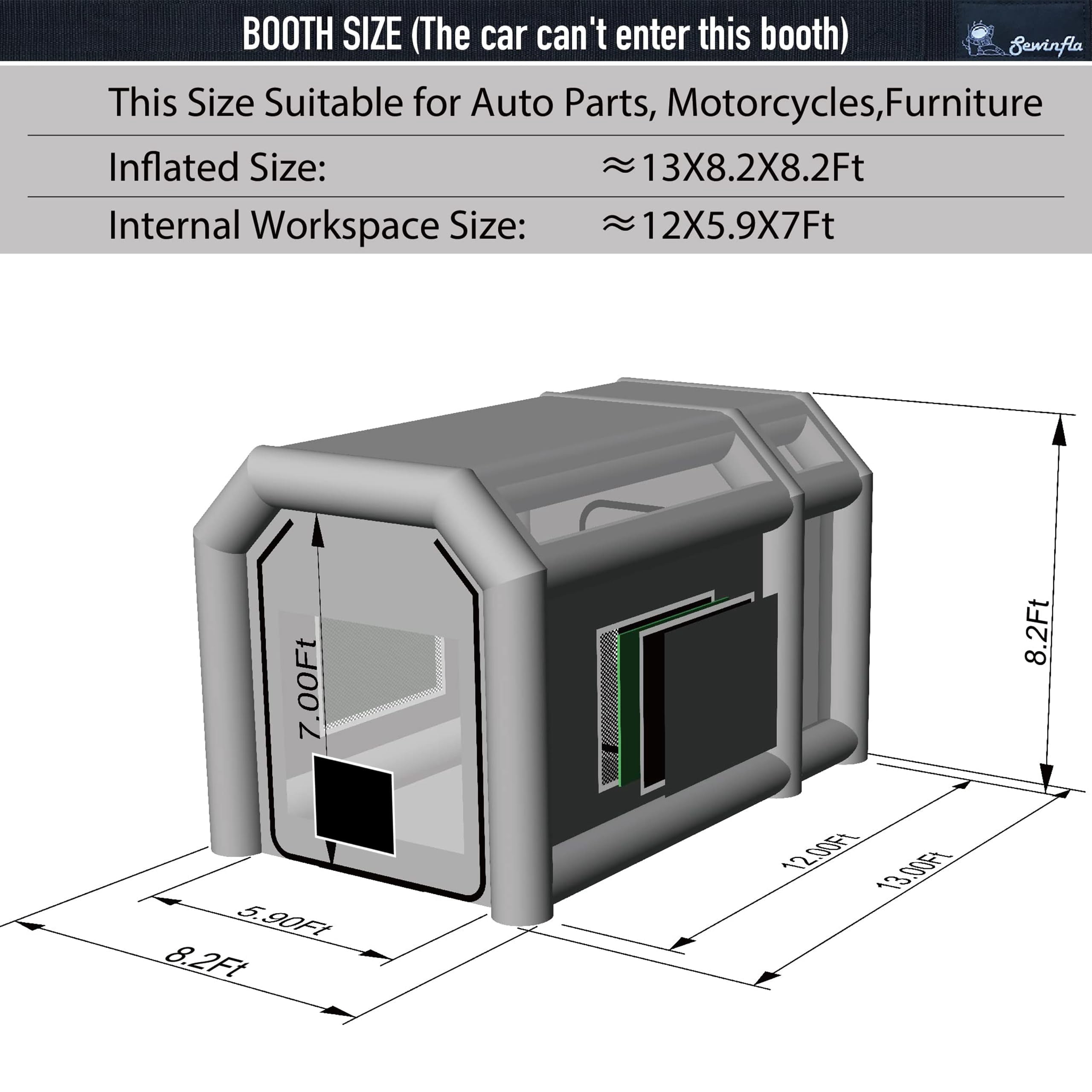 Sewinfla Inflatable Paint Booth with Mini Air Extractor Device, 13x8.2x8.2Ft Portable Spray Paint Booth with High Efficient Ventilation System for Cars (4x2.5x2.5m)