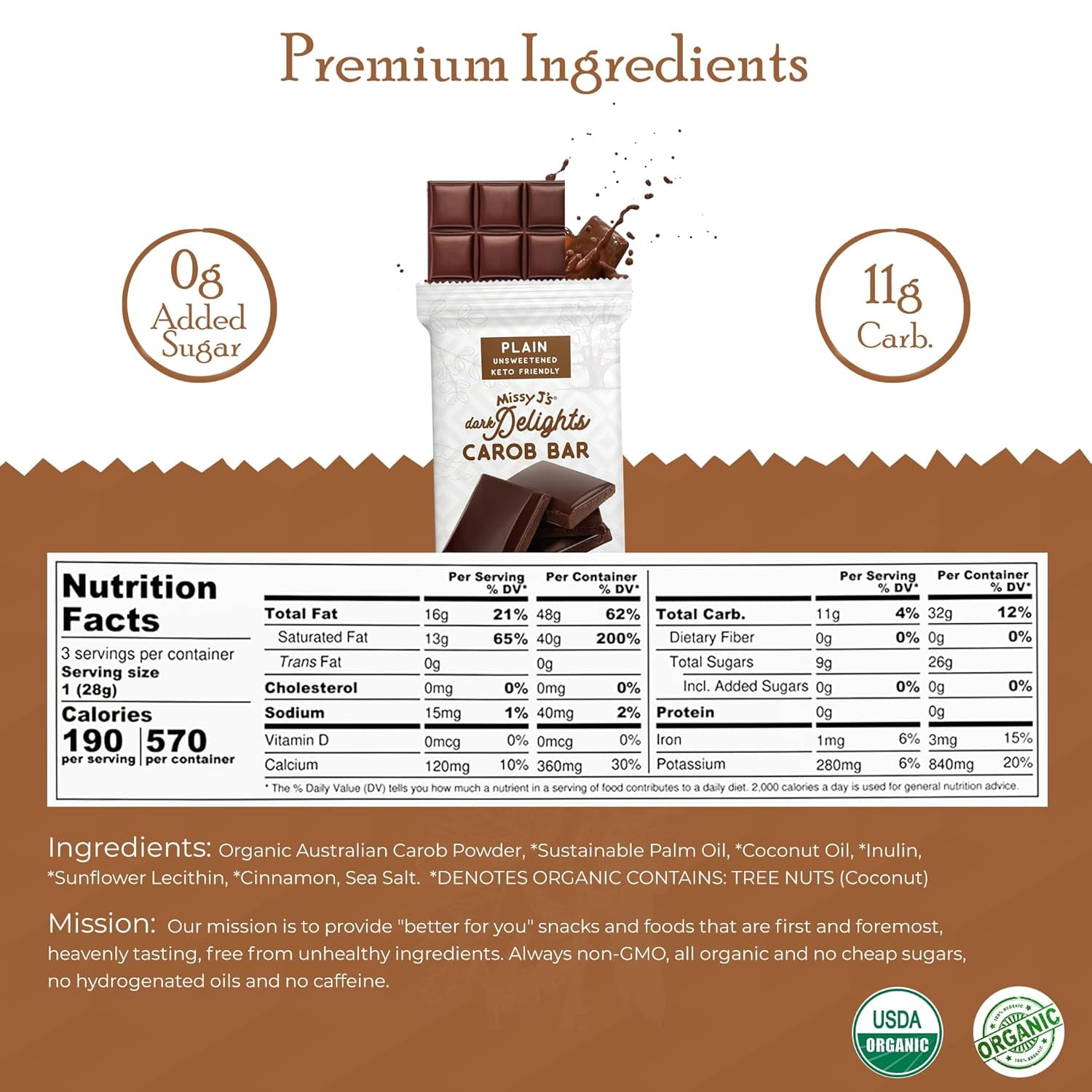 Missy J’s Organic Carob Unsweetened Plain Candy Bar Chocolate Substitute Healthy 3oz 6 Pack