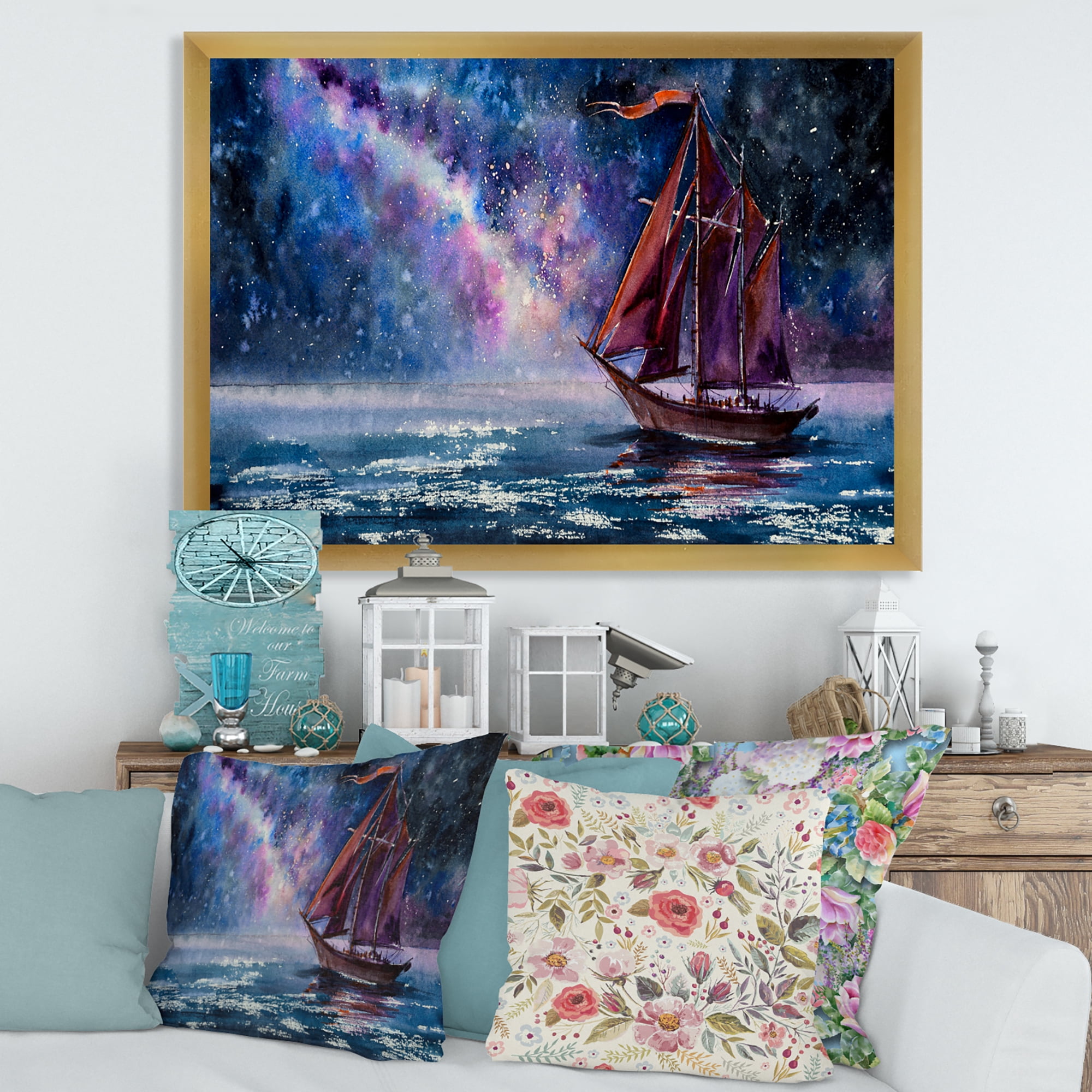 Designart 'Red Sails & Bright Night Sky With Wooden Sailboat' Nautical & Coastal Framed Art Print