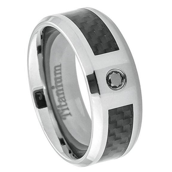 8mm Titanium Band Carbon Fiber Inlay .05 carat Black Diamond Center Wedding Band Ring Men Or Ladies