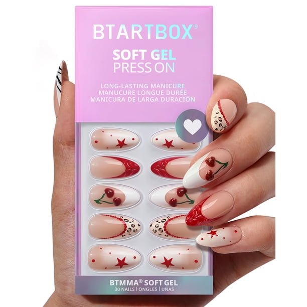 Press On Nails BtartBox 3D, punta francesa de color rojo cereza y almendra