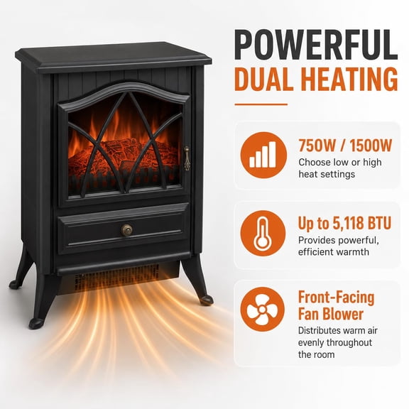Freestanding Electric Fireplace Heater with Realistic LED Flame Effect, 2 Heat Settings & Adjustable Thermostat