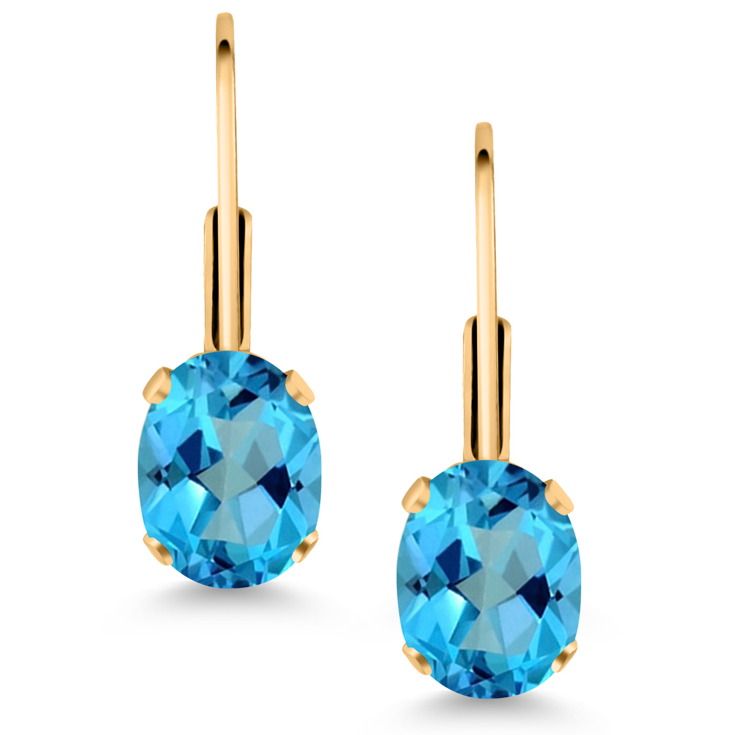 Gem Stone King American Blue Mystic Topaz Yellow Gold Plated Leverback Earrings for Women (2.00 Cttw, Gemstone Birthstone, Oval 7X5MM)