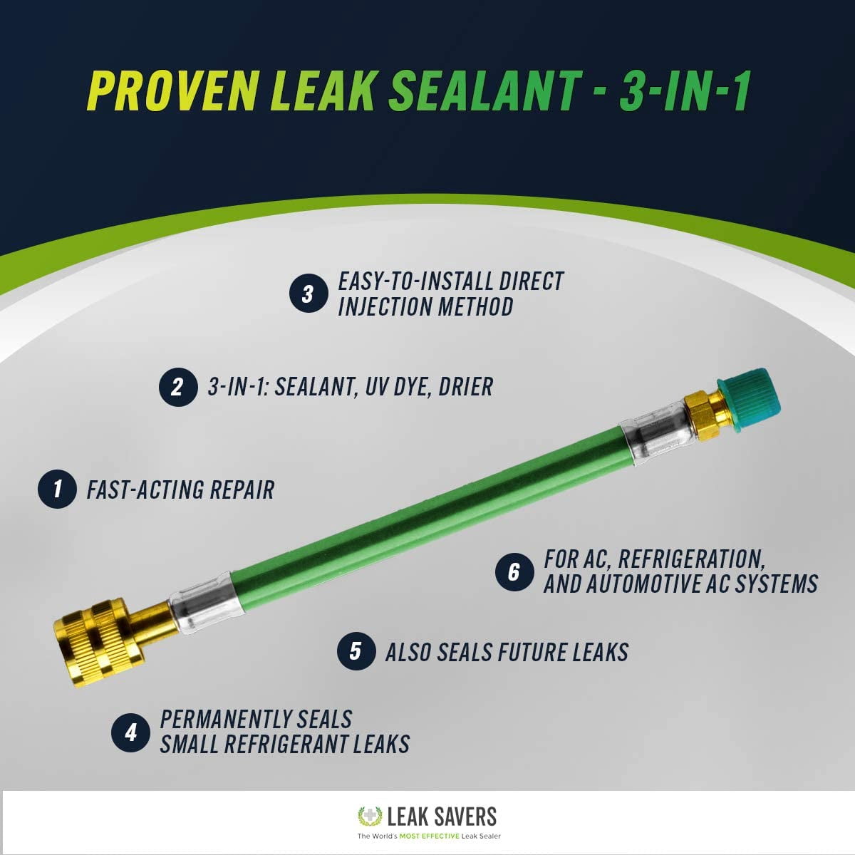 Leak Saver Direct Inject Ultimate 3-in-1 Leak Sealant with Moisture Remover and UV Dye for AC, Refrigeration, and Automotive Systems up to 5 Tons - Compatible With All Refrigerants - Made in USA - 3ct