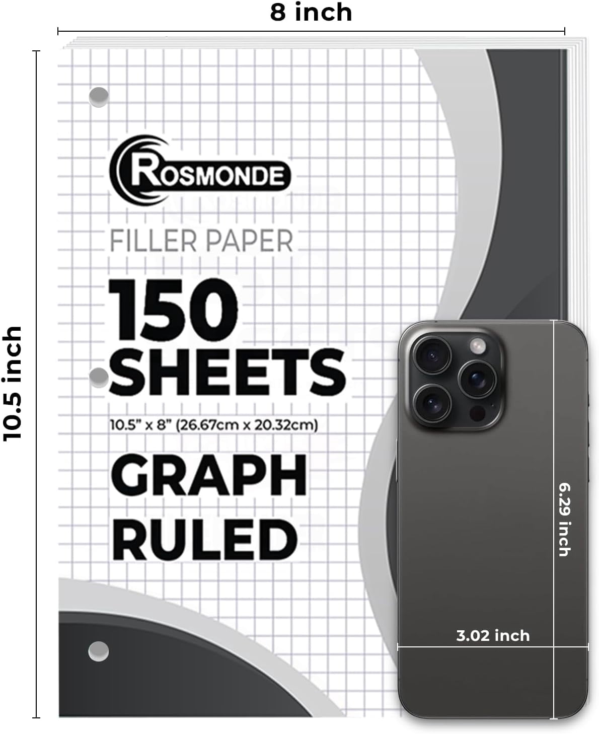 Loose Leaf Paper Bulk, 3600 Sheets, 24 Pack, Graph Ruled Sheets, 8 x 10.5", 150 Sheets/Pack, 3 Hole Punch, Bulk Graph Paper, Quad Ruled Sheets, Fits Standard Binders, Fights Ink Bleed, White
