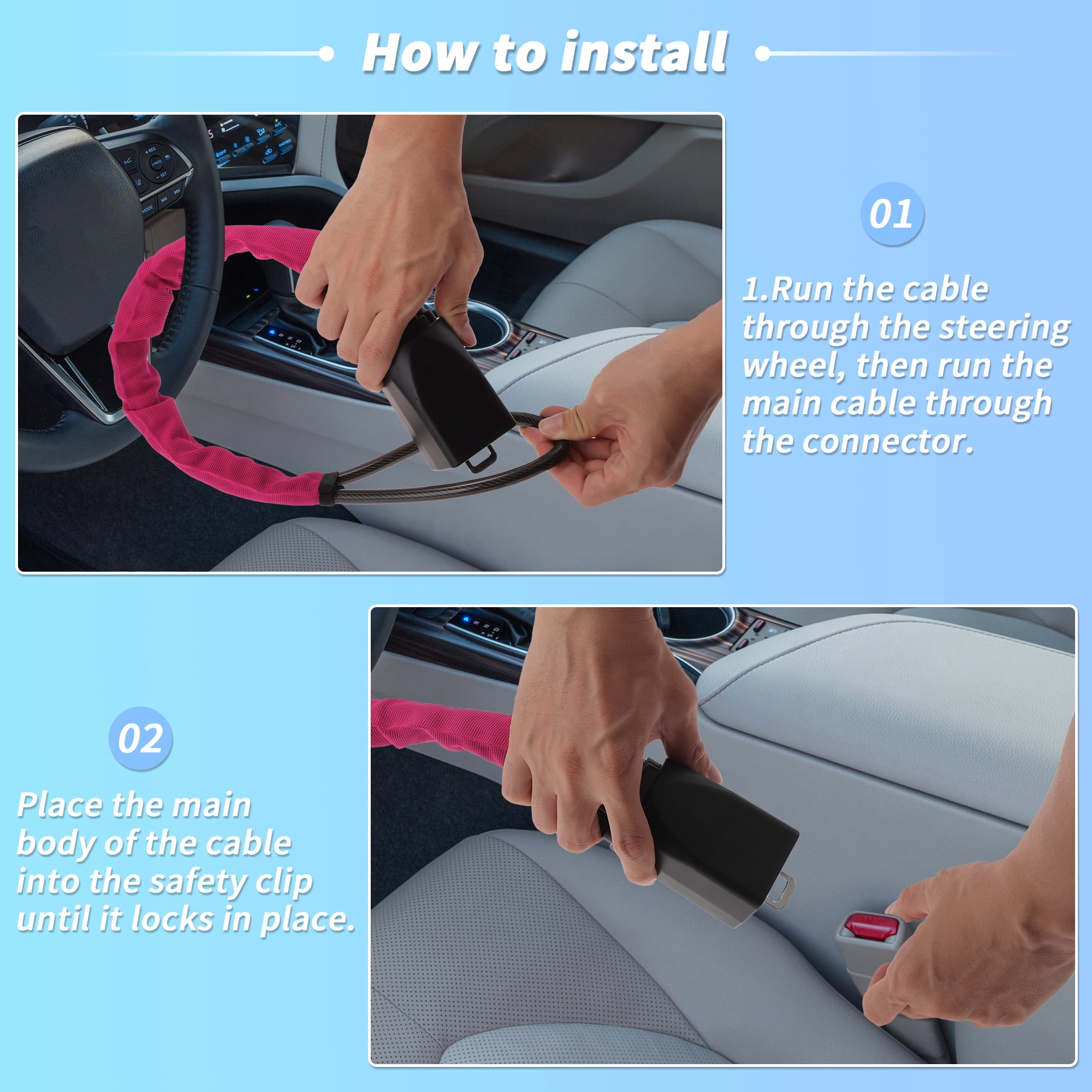 Unique Bargains Steering Wheel Lock with Seat Belt Lock Function - Universal Anti Theft Car Device for Most Vehicles 44 cm Length High Security with Pink (1 Set)