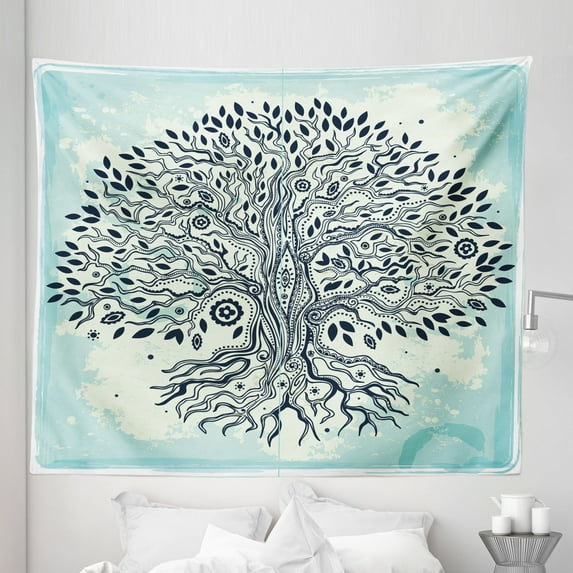 Tree Tapestry, Chinese Bonsai Tree of Life Art Print Boho Creative Illustration Mother Nature, Fabric Wall Hanging Decor for Bedroom Living Room Dorm, 5 Sizes, Beige Turquoise, by Ambesonne