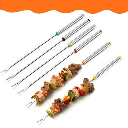 Tuscom Marshmallow Roasting Sticks Set of 6 BBQ Skewers Smores & Hot Dog Fork with Stainless Stell Handle Great for Outdoor Barbecue Grill and Campfire