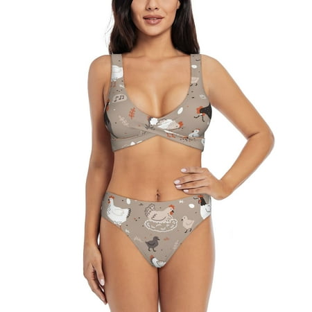 Zeuib Chicken High Waisted Tummy Control Bikini Set - Knot Front Push Up Top & Cheeky Thong Bottom  Two-Piece Swimsuit for Women-Small