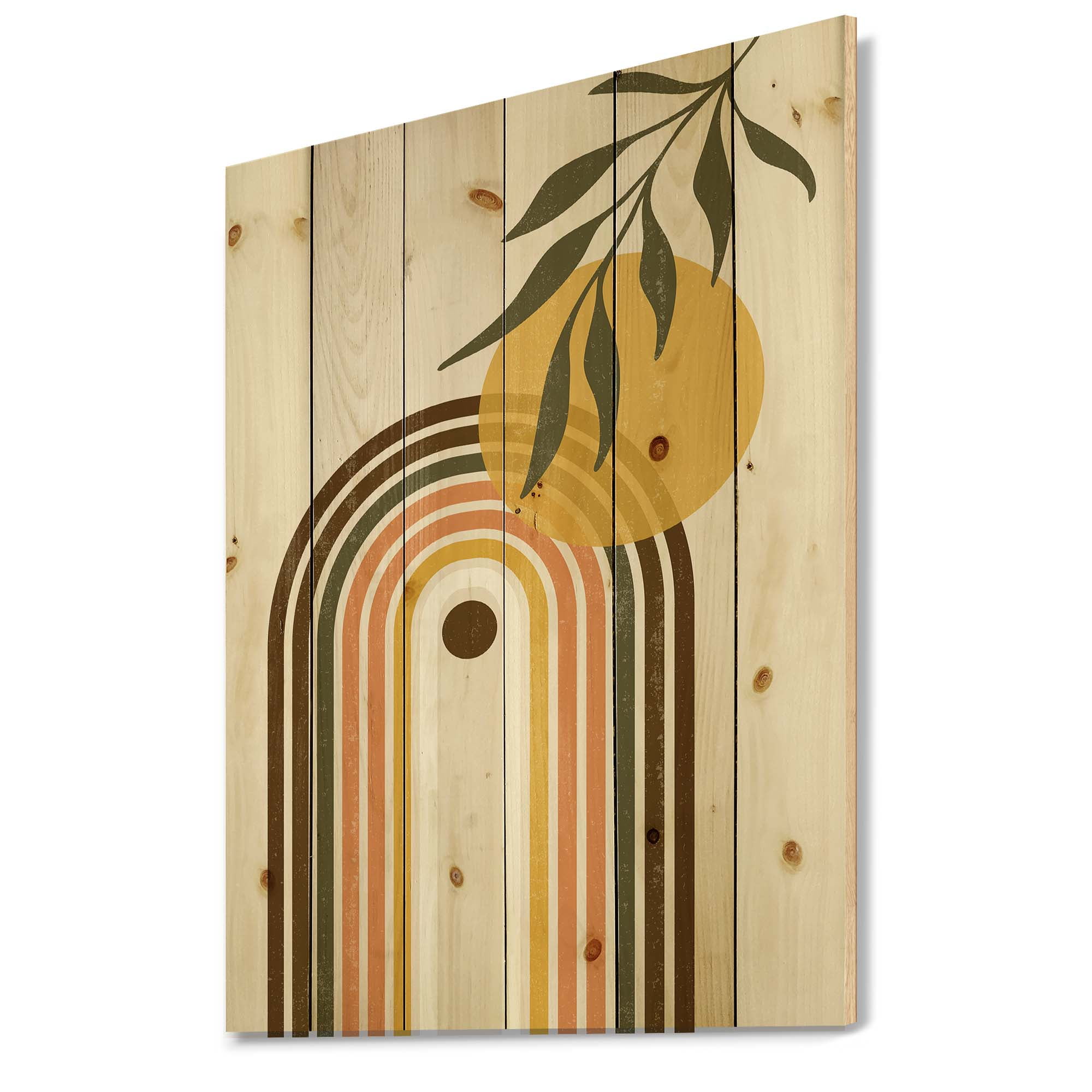 Designart 'Abstract Retro Rainbow With Yellow Sun' Modern Print on Natural Pine Wood