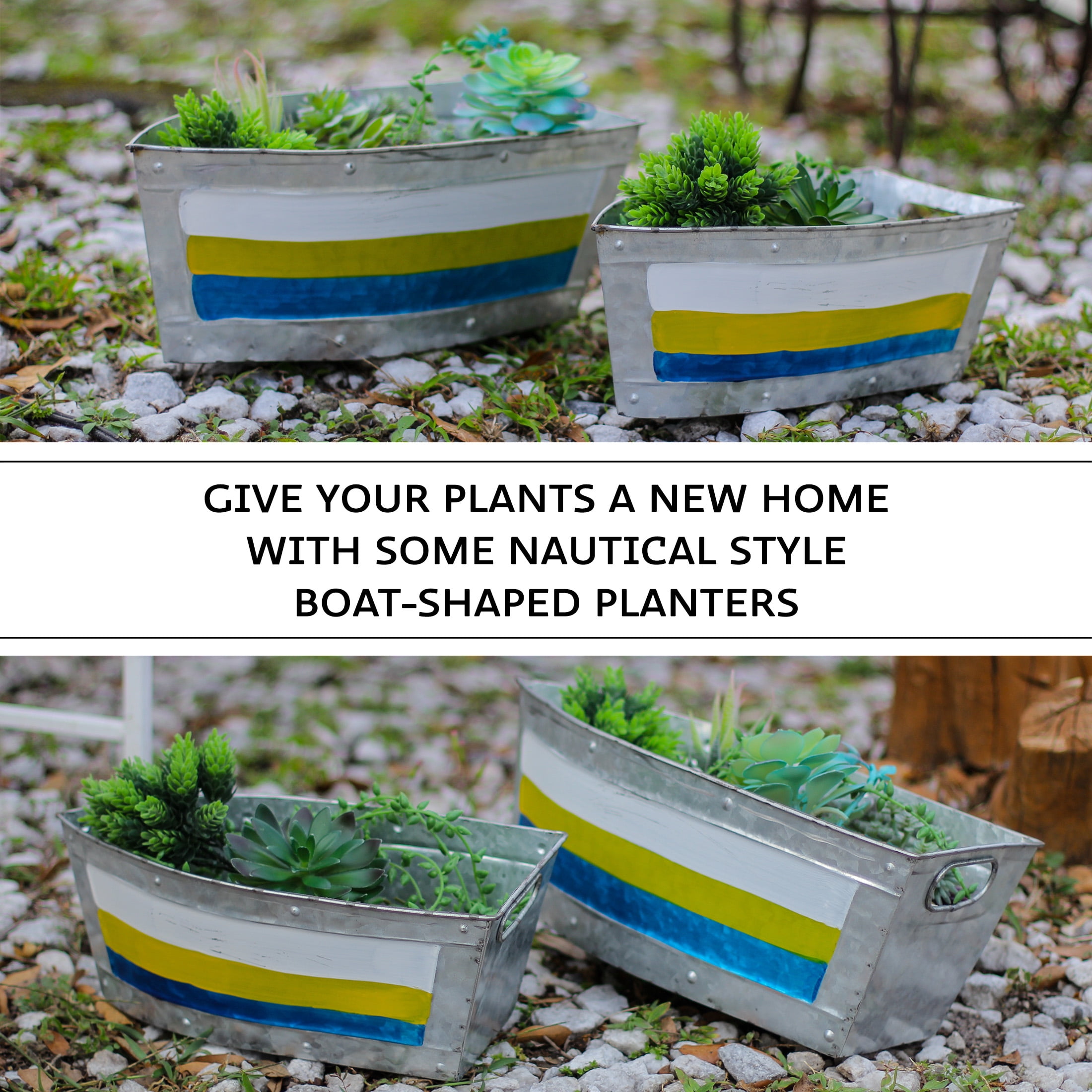 Zeckos Galvanized Metal Boat Planter Flower Pot Nautical Decor Set of 2