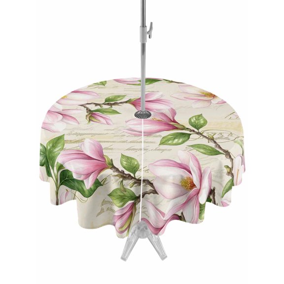 Outdoor Tablecloth with Umbrella Hole for Patio/Picnic/Party/Camping, Pink Magnolia Waterproof Table Cloth Round Cover Washable, Spring Blooms Botanical Flowers Branches (Dia 60")