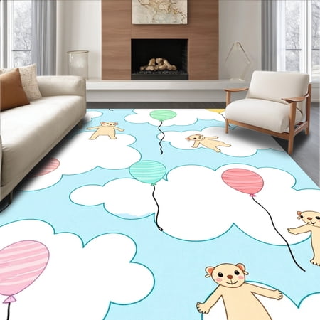 ODIKA 6'x9' Machine Washable Non-Slip Area Rug, Whimsical Safari Animals Floating Among Puffy Clouds and Balloons Illustration High Traffic Rug, Blue, 682632
