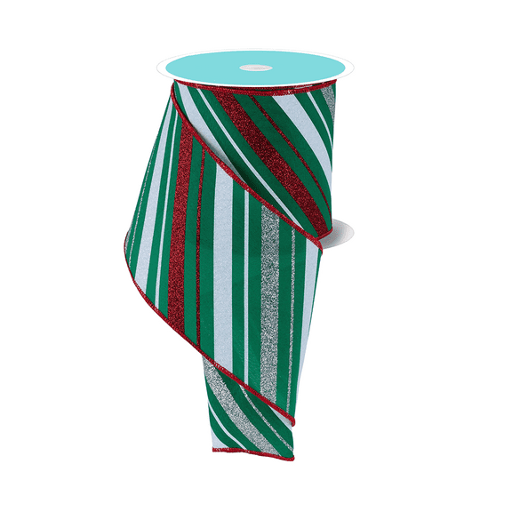 Christmas Diagonal Stripe Wired Ribbon - 4" x 10 Yards, Red, Green, Silver, White, Gift Wrapping, Wreath Decoration, Swag, Tree Topper Bow, Boxing Day, Fundraiser, Winter Decor
