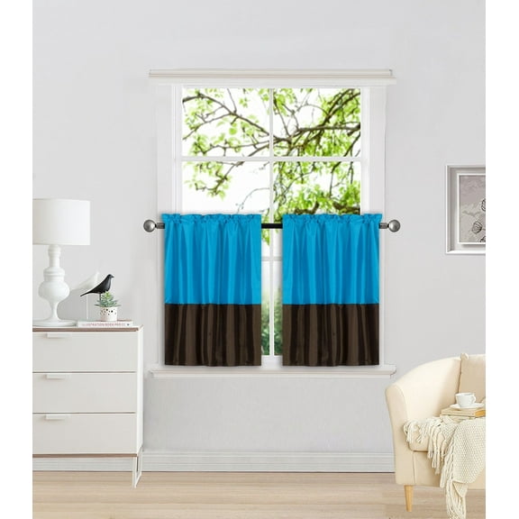 1 SET ANY CURTAIN SEMI SHEER ROD POCKE T PANEL 2 TONE SOLID COLORS TURQUOISE / BROWN CAN SEE THRU TREATMENT WINDOW KITCHEN, BATHROOM SIZE 30" WIDE X 36" LENGTH