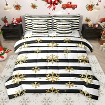 Manfei Merry Christmas 7 Pieces Bedding Comforter Set for Teensfemale Men,Golden Xmas Snowflake Full Bedding Set Lightweight,Geometric Stripes Fitted Sheet Flat Sheet,Breathable Home Decor