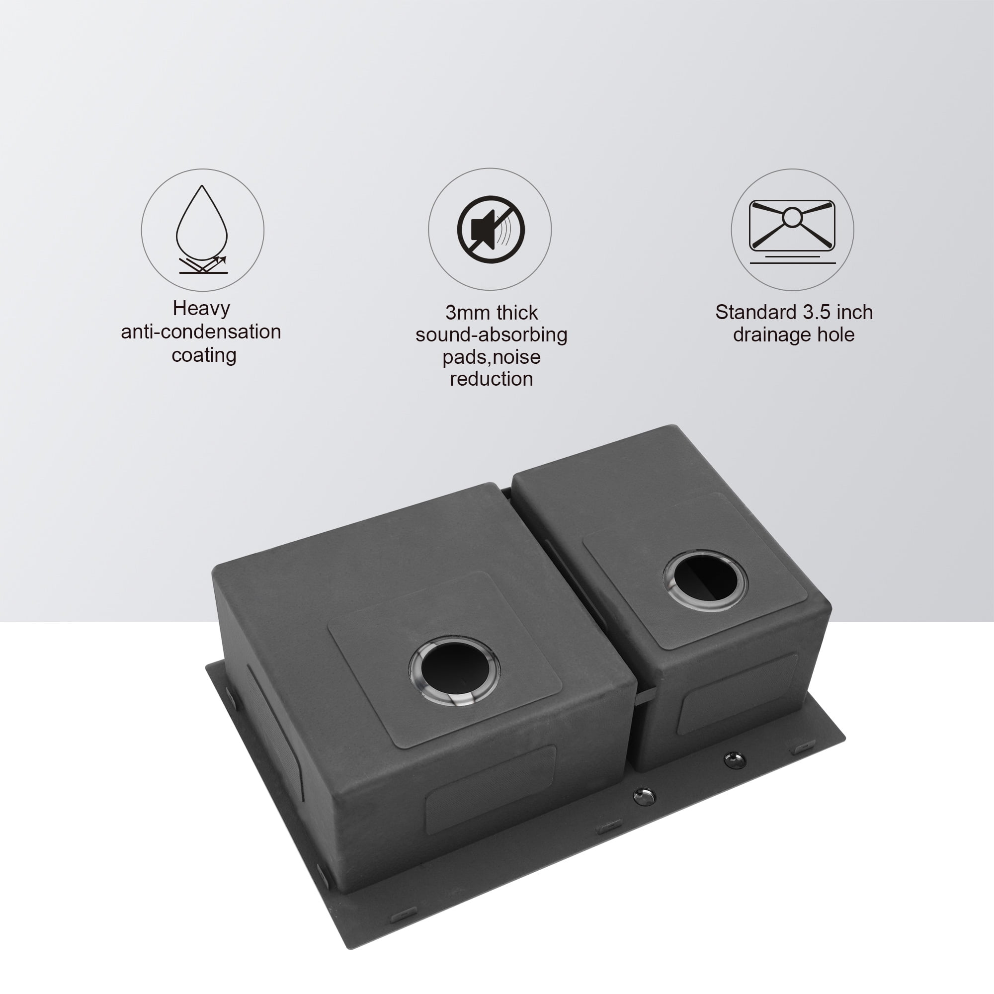 Izzovium 33"x22" Gunmetal Black Double Bowl Drop in Kitchen Sink, 16 Gauge Stainless Steel with 10" Deep Basin (60/40), Soundproof & Anti-Condensation