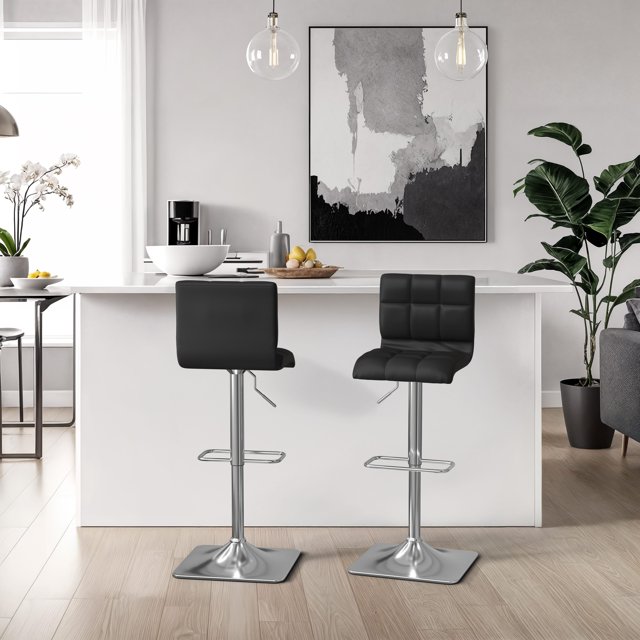 CorLiving Tabourets de Bar Réglables en Similicuir avec Capitonnage Carré et Base en Métal, Ensemble de 2
