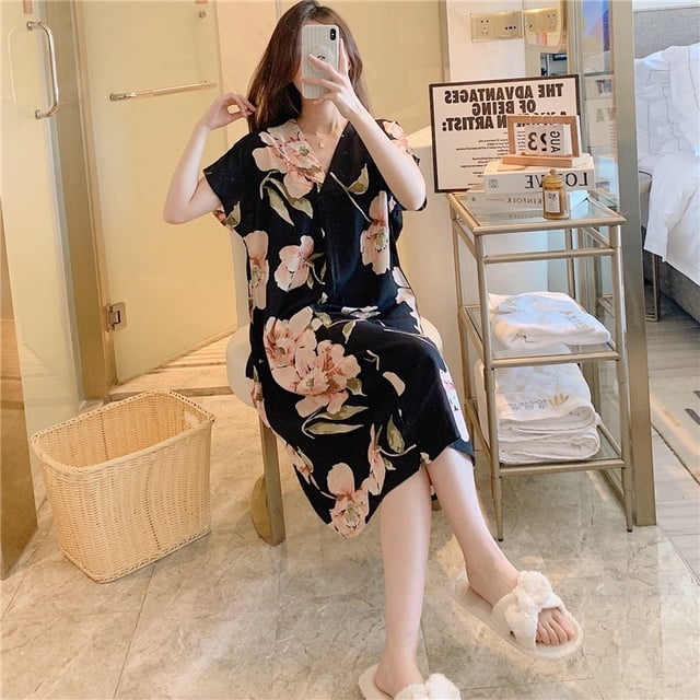 Camisón de seda de algodón para mujer, pijama de verano de manga corta con estampado de dibujos animados, estilo de talla grande, suelto, de seda de algodón, ropa de casa fina