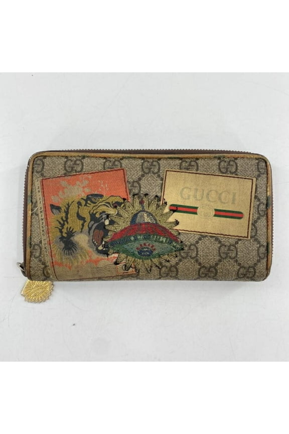 Pre-Owned GUCCI Round Zip Wallet, Brown, Gucci GG Supreme