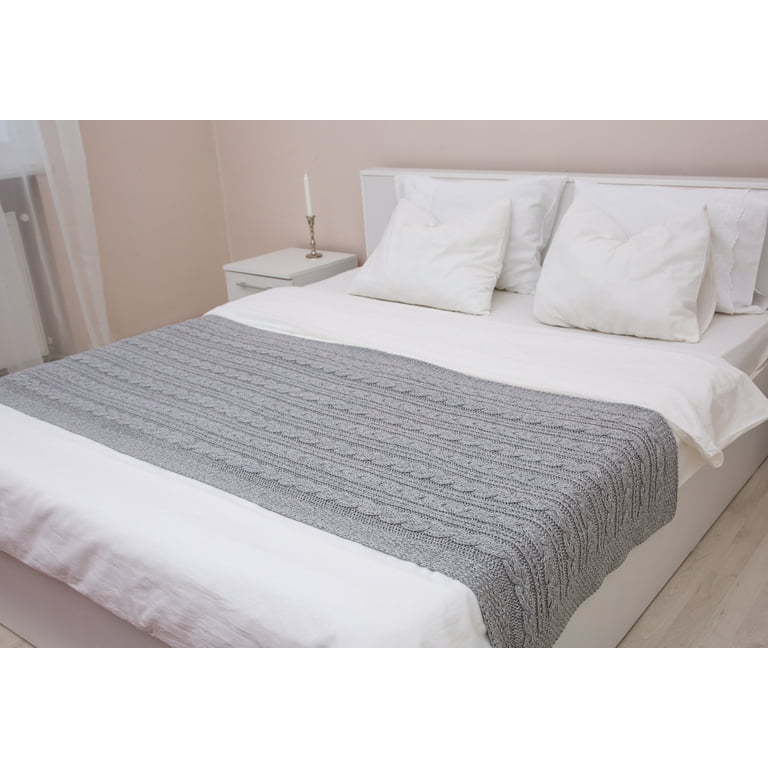 SAOL Aran Wool Bed Runner Irish Cable Knitted Bed Scarf Chunky