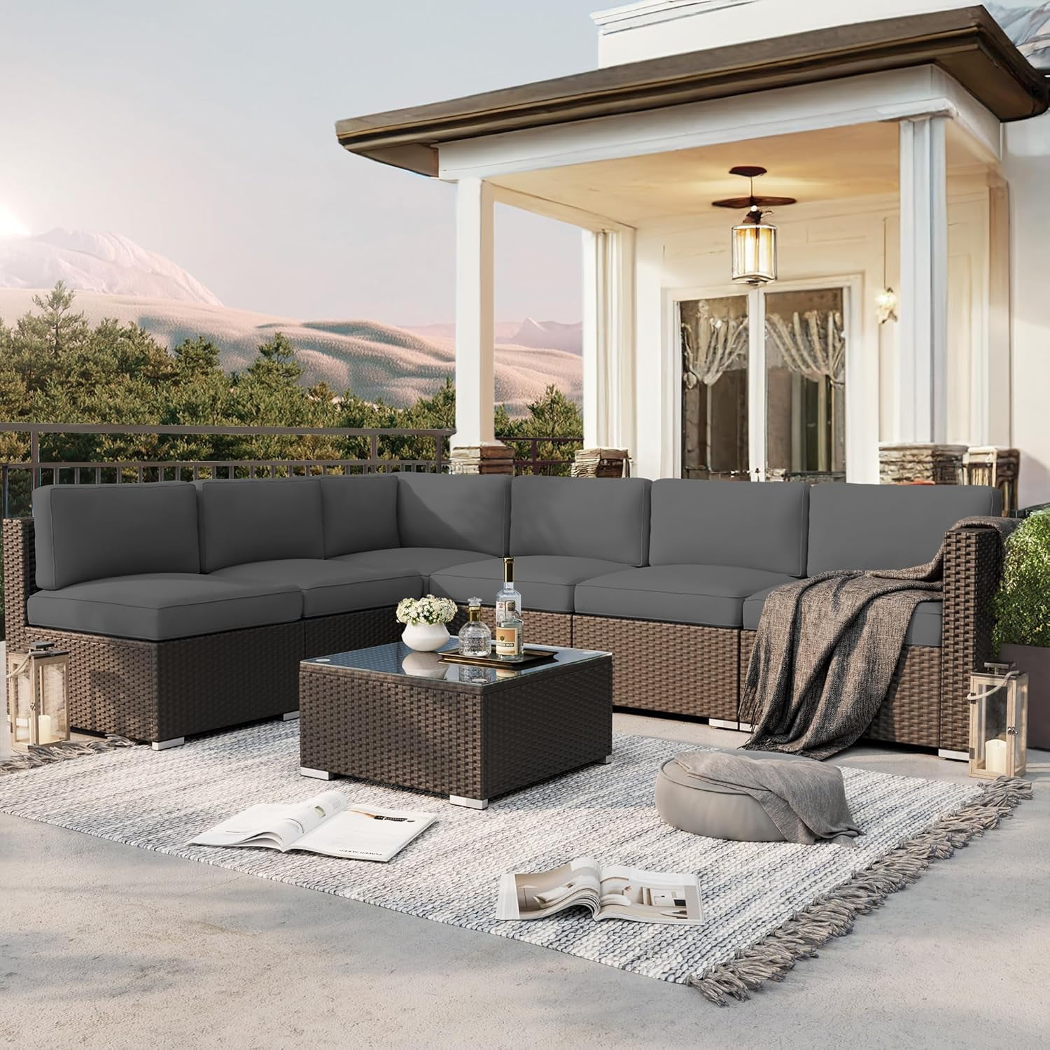 SUNCROWN 7-Piece Outdoor Patio Furniture Sofa Set All-Weather Black Wicker Sectional Conversation Set with Modern Glass Coffee Table and Cushions (Grey)