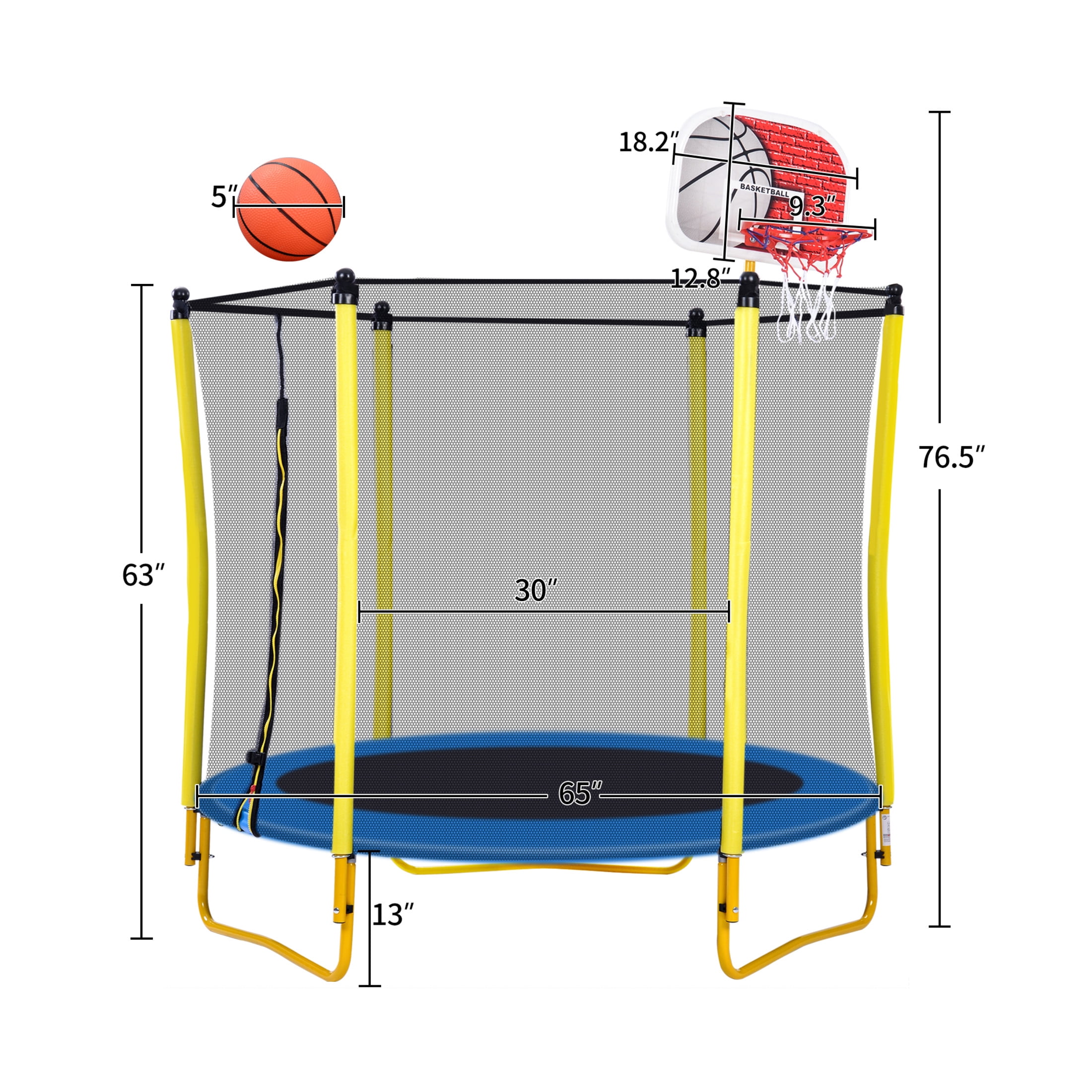 5.5 FT Kids Trampoline with Enclosure Net, Basketball Hoop and Ball, Yellow