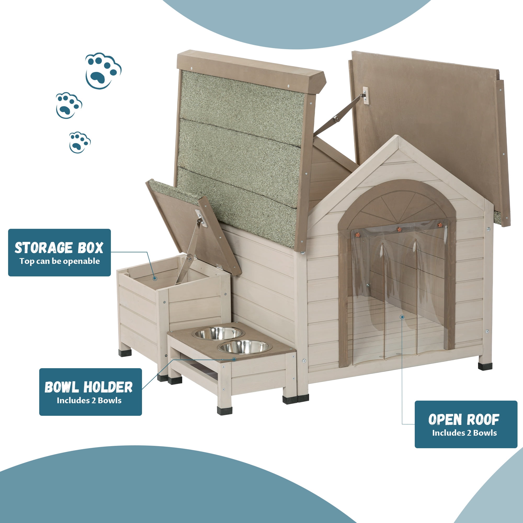 Pefilos 32" Wooden Dog House for Outdoor Puppy Shelter Kennel Dog Crate with Feeder Cat Pet Cages, Beige Pefilos 32" Wooden Dog House for Outdoor Puppy Shelter Kennel Dog Crate with Feeder Cat Pet Cages, Beige