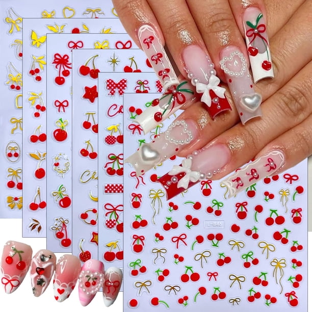 Pegatinas autoadhesivas BMKKOT Cherry 3D para decoración de uñas, 6 hojas