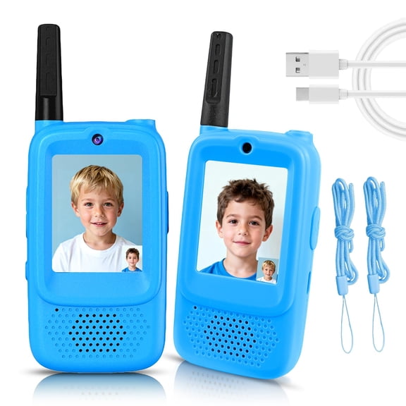 Video Walkie Talkies for Kids 2 Pack Rechargeable Long Range Two Way Radios Toys for Boys Girls Age 3-5, Outdoor Adventure Camping Hiking, Birthday with Pink Blue Design,Blue