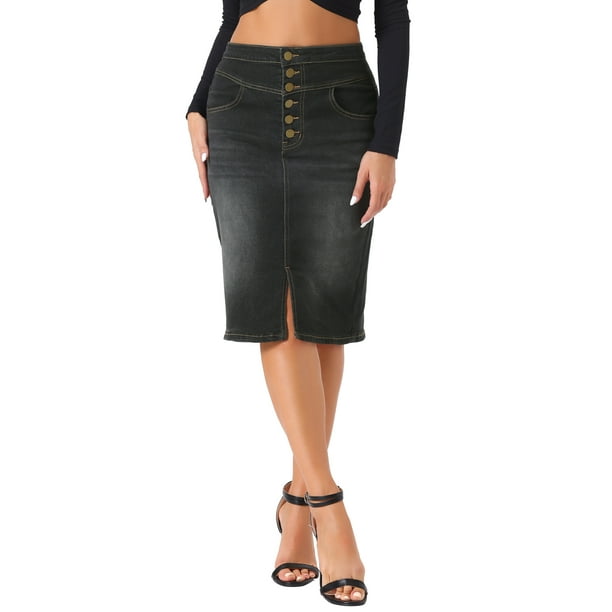 Falda Midi de Mezclilla A-Line de Cintura Alta con Abertura Frontal para Mujeres INSPIRE CHIC Talla XS Negra