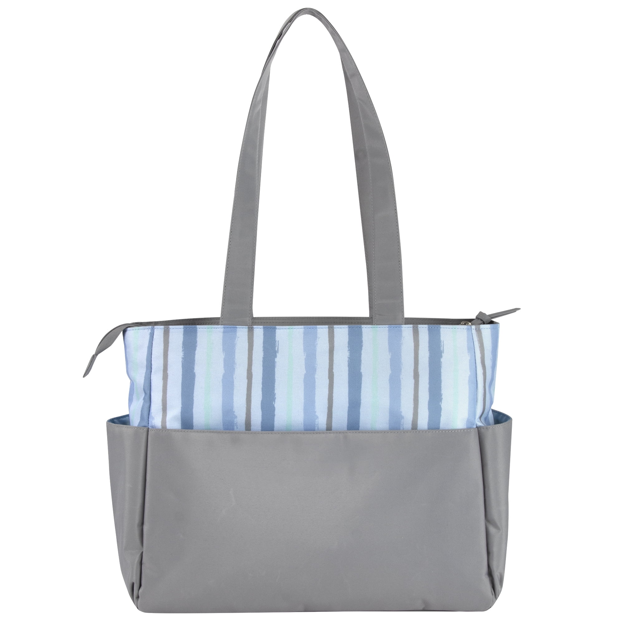 Baby Essentials 14.5"L Rainbow 5 Piece Multi-Pocket Diaper Bag Tote with Matching Changing Pad, Baby Wipes Case, Insulated Bottle Bag & Organizer Pouch for Newborns, Infants & Toddlers in Blue & Gray