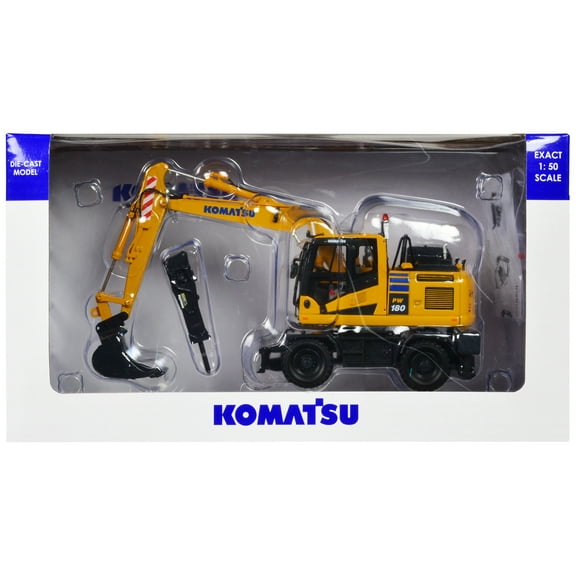 Komatsu PW180-11 Excavator Yellow with Standard Bucket and Hydraulic Breaker 1/50 Diecast Model by Universal Hobbies