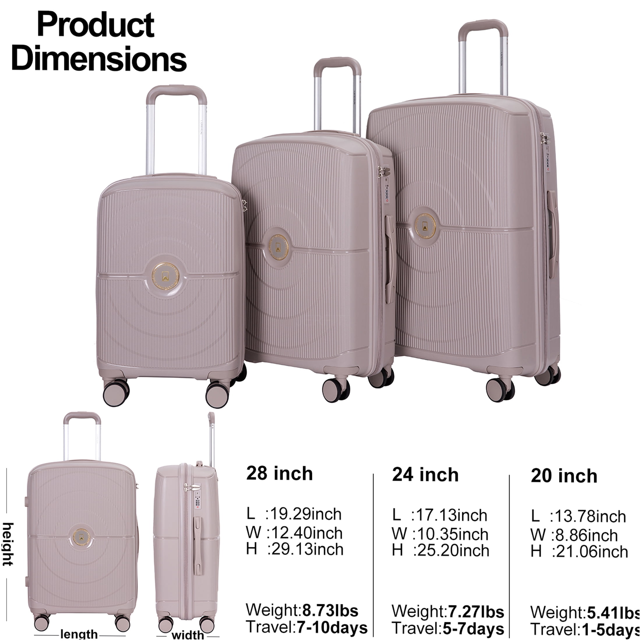 JERFIT 3-Piece Hard Shell Spinner Luggage Set with TSA Lock - 20" Carry-On, 24", 28" Checked Suitcases, Greige