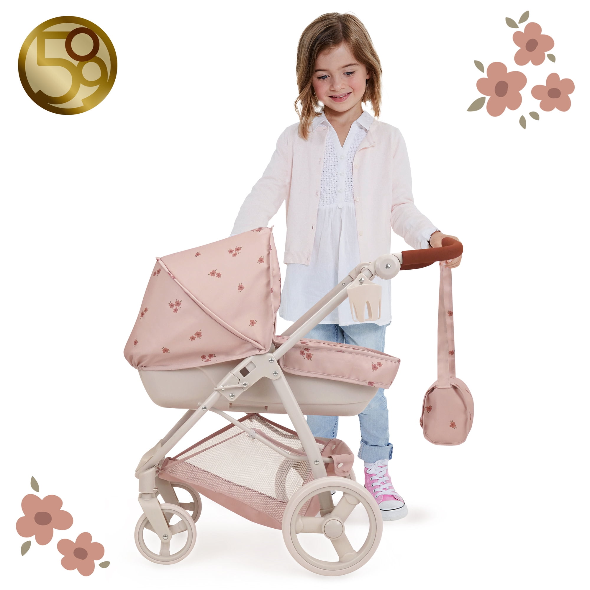 509 Crew: Ballet Flora - Bella 2-In-1 Doll Pram - Soft Pink Flower, Handbag, Removable Bassinet, Canopy-Adjustable Handle, Doll Accessory Toy, Kids 3+