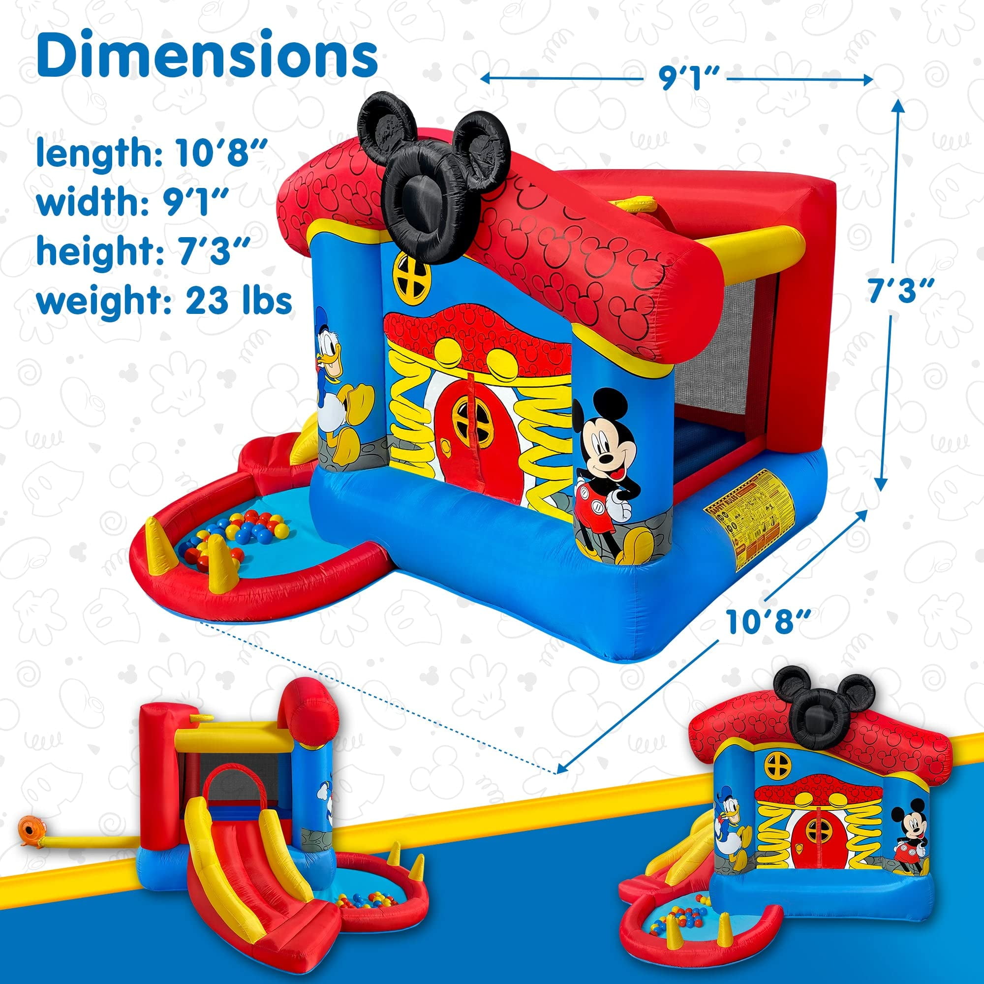 Funormous Disney Mickey Mouse Bounce House with Slide, Indoor Outdoor Inflatable Bouncy Castle Funhouse Ball Pit Plus Heavy Duty Air Blower for Kids Ages 3-8 Years