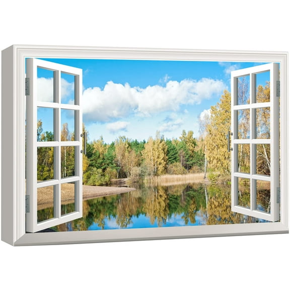 wall26 Canvas Print Wall Art Window View of Autumn Forest & Lake Nature Wilderness Photography Realism Rustic Scenic Colorful Relax/Calm Ultra for Living Room, Bedroom, Office - 24"x36"