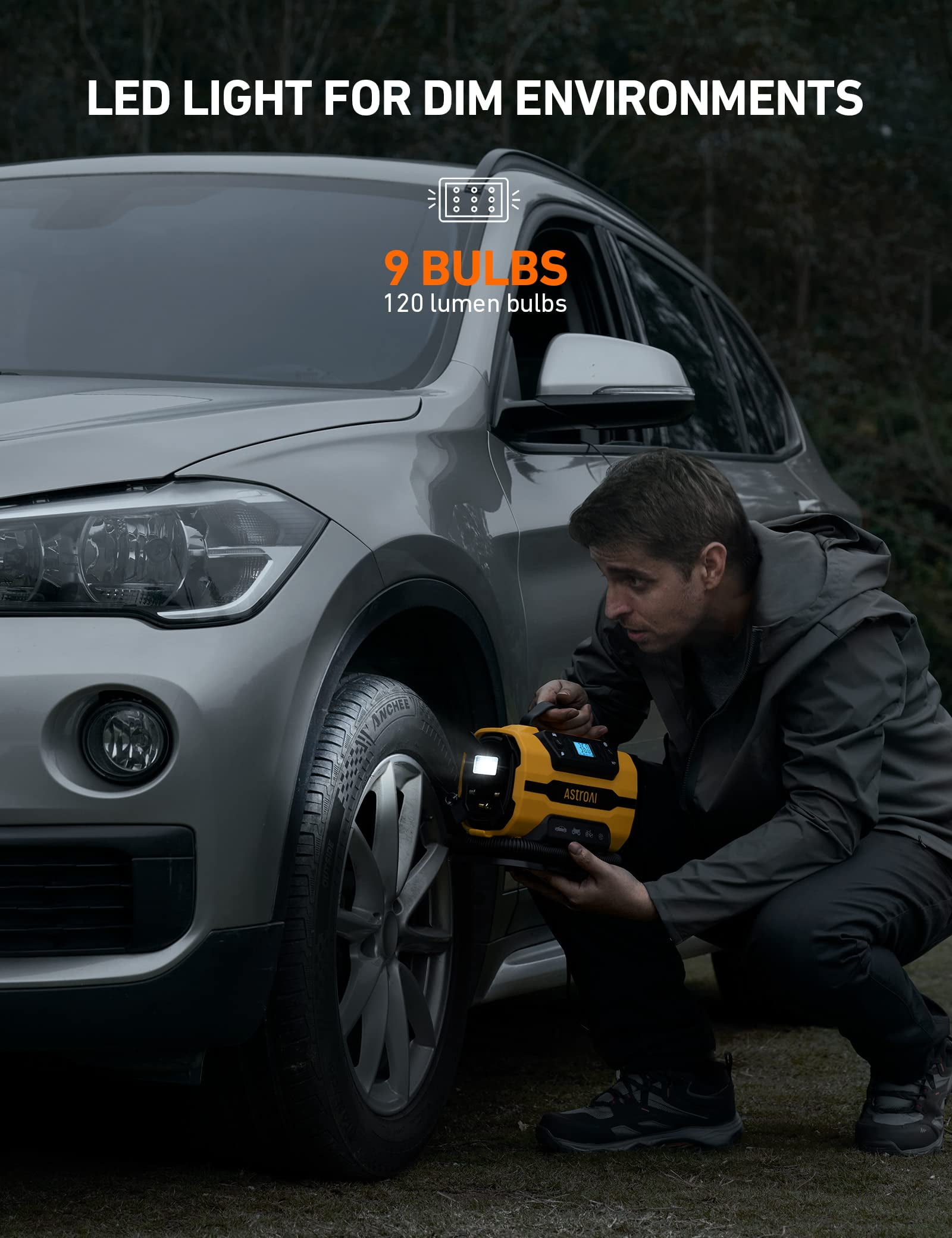 AstroAI Tire Inflator Air Compressor, 150 PSI Car Tire Air Pump with Dual Metal Motors 12V DC/110V AC, LED Light, for Car, Bicycle Tires and Air Mattresses, Yellow