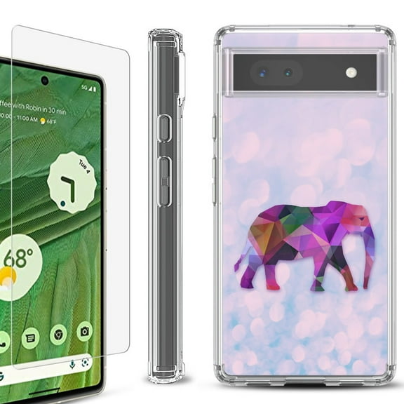 Shockproof Bumper Phone Case for Google Pixel 6a, with Tempered Glass Screen Protector, by OneToughShield ® - Elephant /Polygon