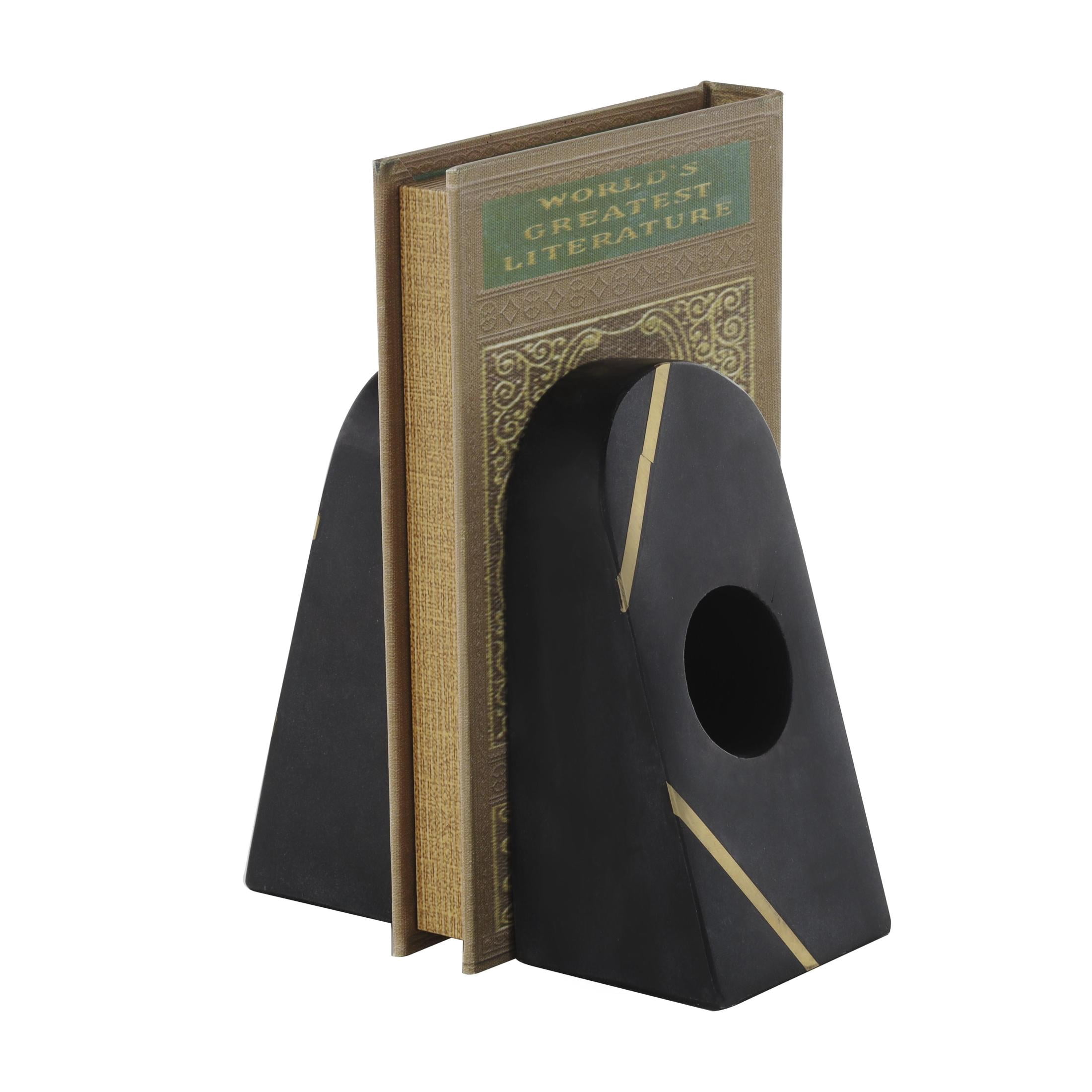 DecMode 3" Curved Pyramid Geometric Black Marble Bookends with Diagonal Gold Stripes (Set of 2)