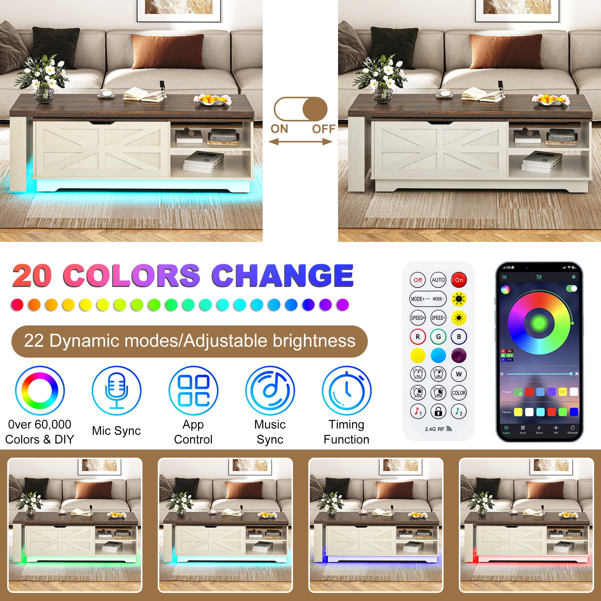 ANPOO 90°/180° Rotating Lift Top Coffee Table W/ LED Lights & Power Outlets, 57"-90" Extendable Farmhouse Coffee Table with Hidden Storage, L-Shaped Coffee Table for Living Room, Vintage White