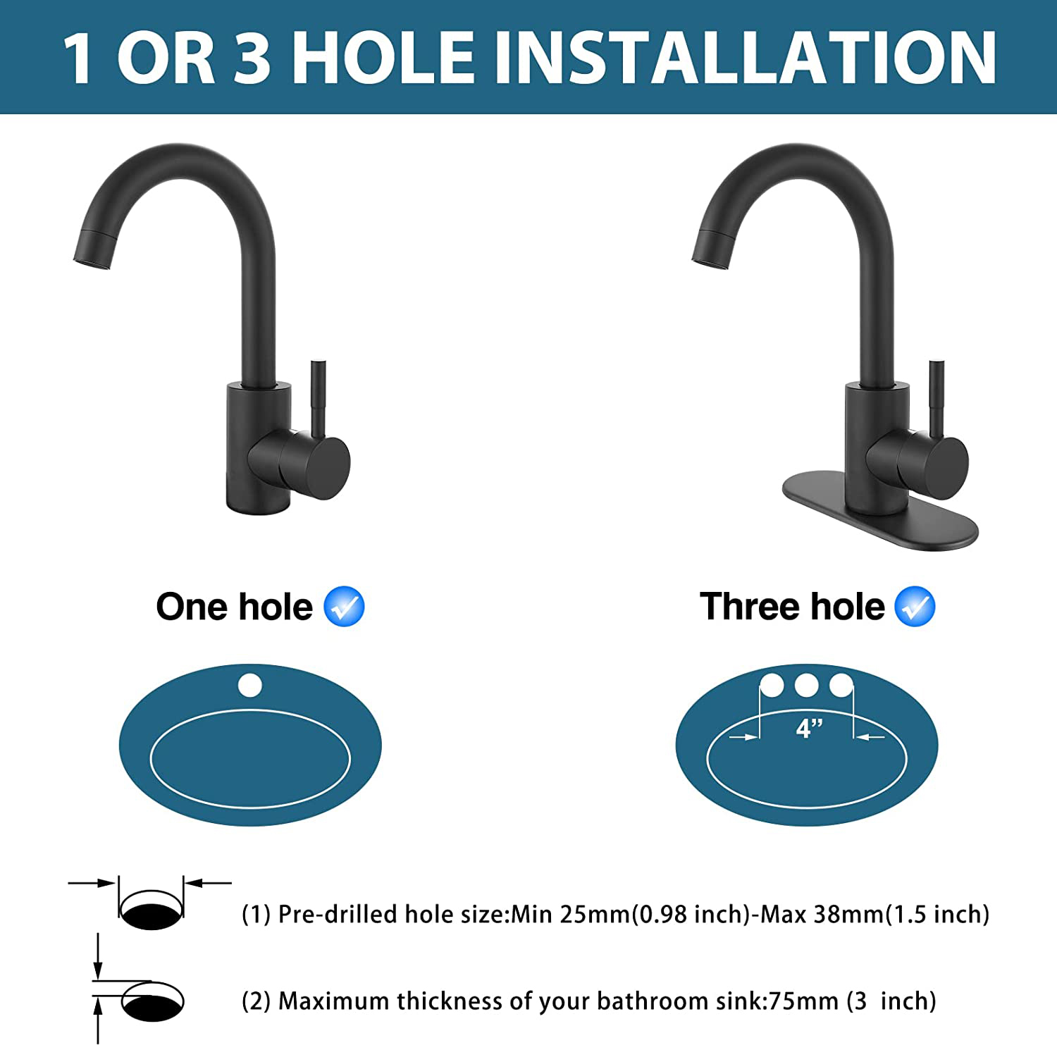 gotonovo Matte Black Single Handle Bathroom Sink Faucet, Wet Bar Pre-Kitchen Farmhouse RV Small Vanity Faucet with 360°Rotation Spout with Deck Plate, Supply Hoses and Drain Stopper