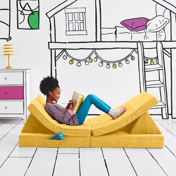 Yourigami Kids and Toddler Play Couch, Convertible Folding Sofa, Durable Foam Modular Design, Sunflower Yellow