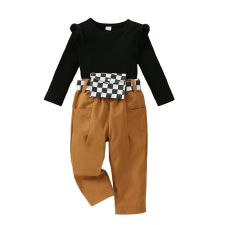 

wybzd Toddler Baby Girl Fall Winter Clothes Set Fluffy Long Sleeve Crewneck Shirt Top Casual Pants Waist Bag Outfits Brown 5-6 Years