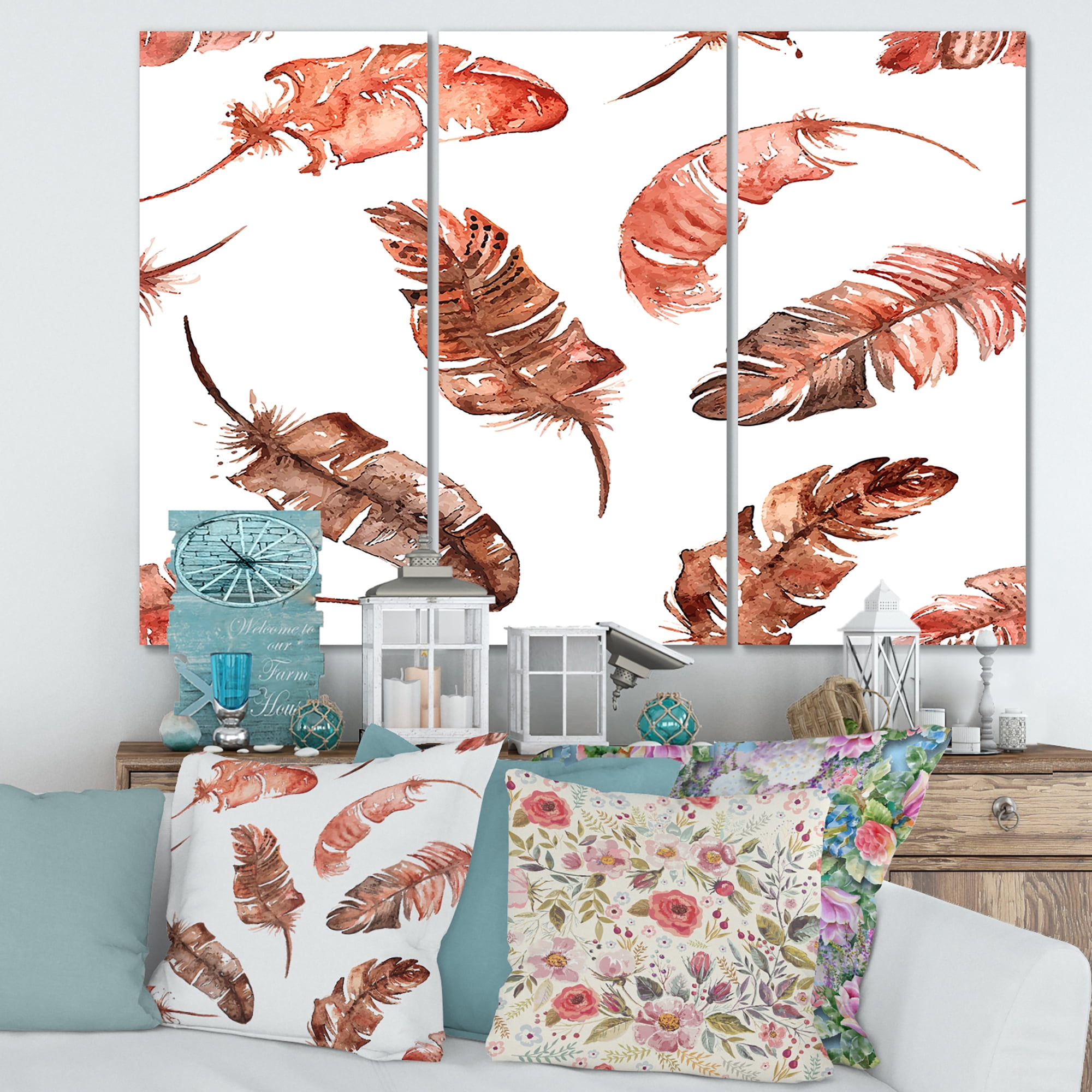Designart ' Ethinic Orange Feathers On White ' Bohemian & Eclectic Canvas Wall Art Print