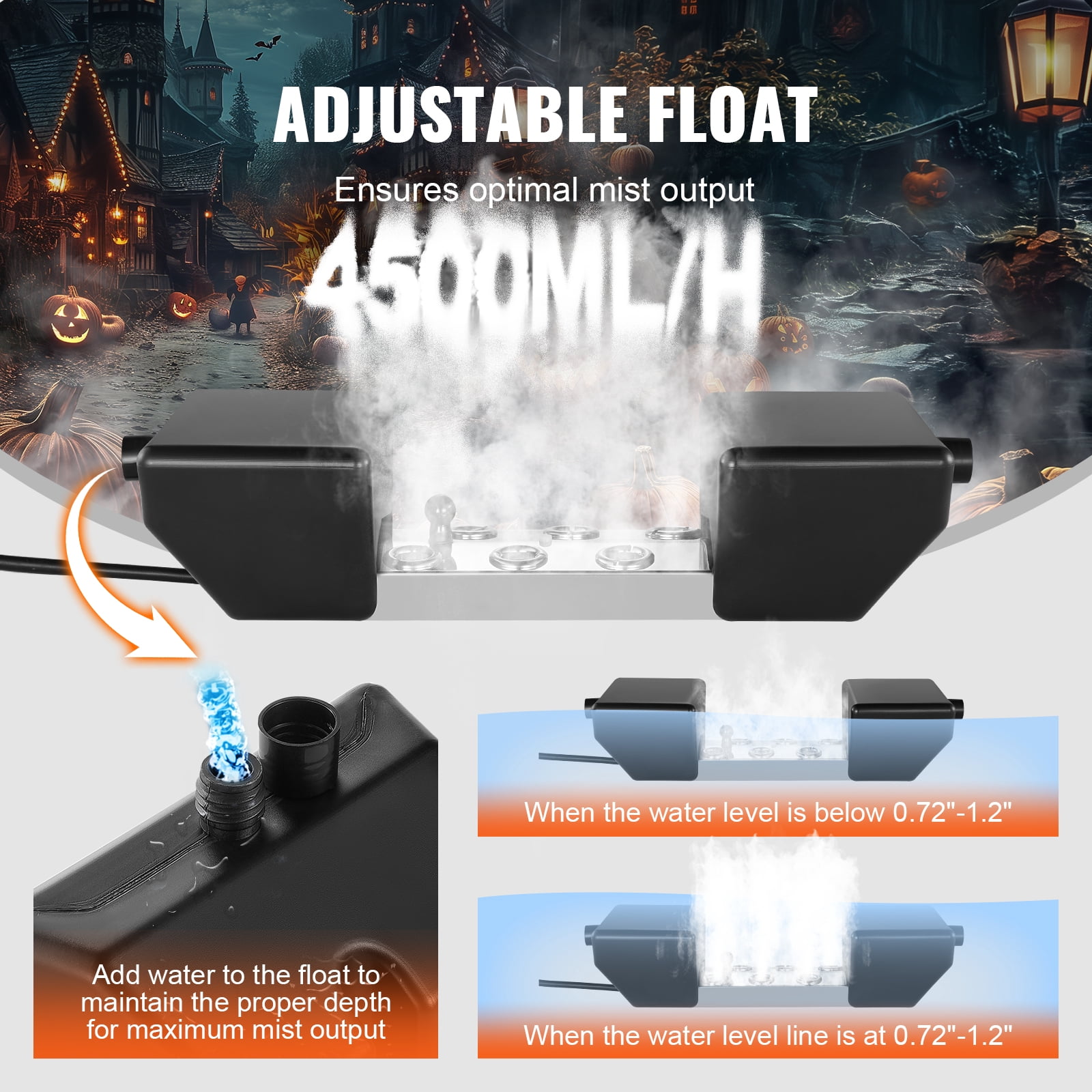 KFFKFF Ultrasonic Fog Creator 6 Head, 4500mL/H Mist Generator, 165W IP67 Water-Resistant Power Unit, Float, Spare Discs, Ideal for Ponds, Gardens, Rockeries, Greenhouses, Halloween Decor