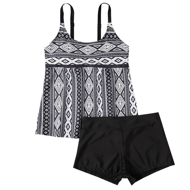 Women Tankini Swimsuits Two Piece, Plus Size Printed Swimwear with Strap V Neck, Modest Bathing Suits for Beach Pool Summer