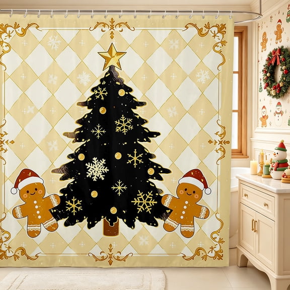 Erosebridal Gingerbread Tree Shower Curtain 72Wx72L,Festive Ornament Bathroom Curtain,Cream